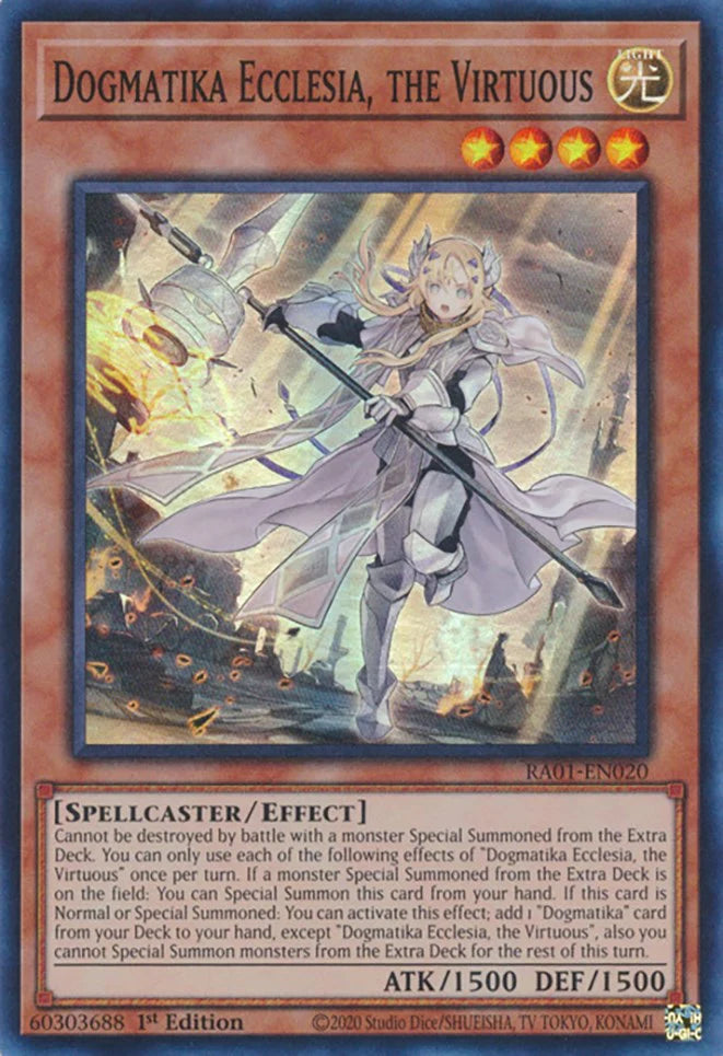 Dogmatika Ecclesia, the Virtuous 1st Edition RA01 Super Rare US Print Evolution TCG Dogmatika Ecclesia, the Virtuous 1st Edition RA01 Super Rare US Print Evolution TCG