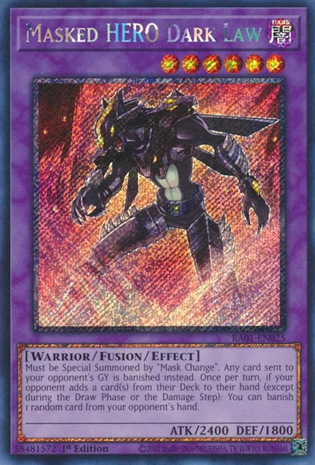 Masked HERO Dark Law RA01 Platinum Secret Rare US Print Evolution TCG Masked HERO Dark Law RA01 Platinum Secret Rare US Print Evolution TCG